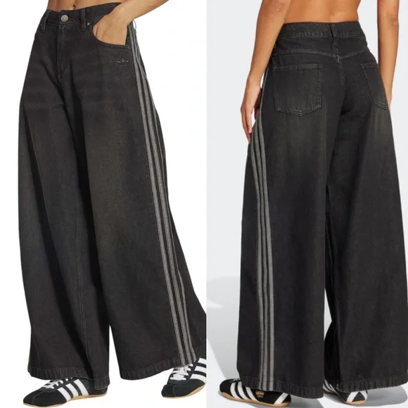NWT ADIDAS Adicolor denim Adilenium wide leg black grey jeans two sizes 24 & 32 - Picture 1 of 6